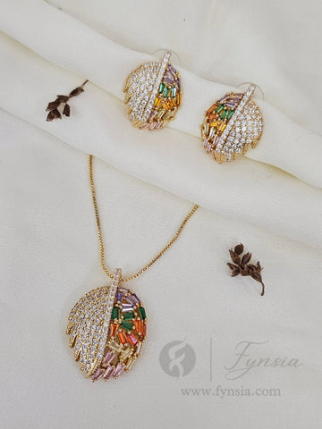 Tehmina Zirconia Multi Diamond Golden Tone Pendant Chain Set With Earrings | Fynsia