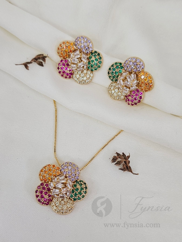 Naaz Zirconia Multi Diamond Golden Tone Pendant Chain Set With Earrings | Fynsia