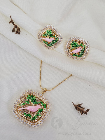 Zoya Zirconia Multi Diamond Golden Tone Pendant Chain Set With Earrings | Fynsia