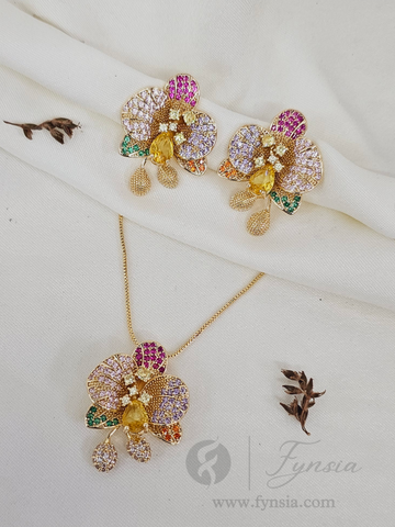 Lubna Zirconia Multi Diamond Golden Tone Pendant Chain Set With Earrings | Fynsia