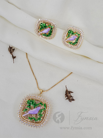 Nabila Zirconia Multi Diamond Golden Tone Pendant Chain Set With Earrings | Fynsia
