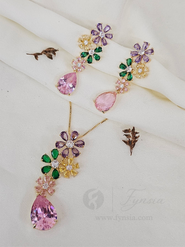Mehrin Zirconia Multi Diamond Golden Tone Pendant Chain Set With Earrings | Fynsia