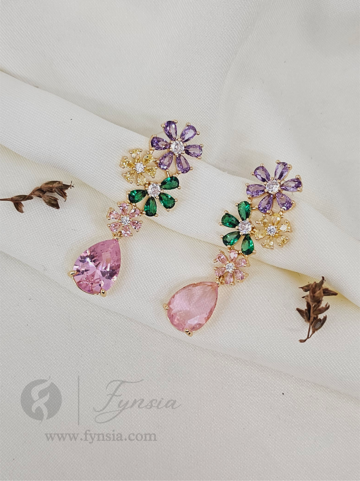 Mehrin Zirconia Multi Diamond Golden Tone Pendant Chain Set With Earrings | Fynsia