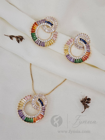 Sejal Zirconia Multi Diamond Golden Tone Pendant Chain Set With Earrings | Fynsia