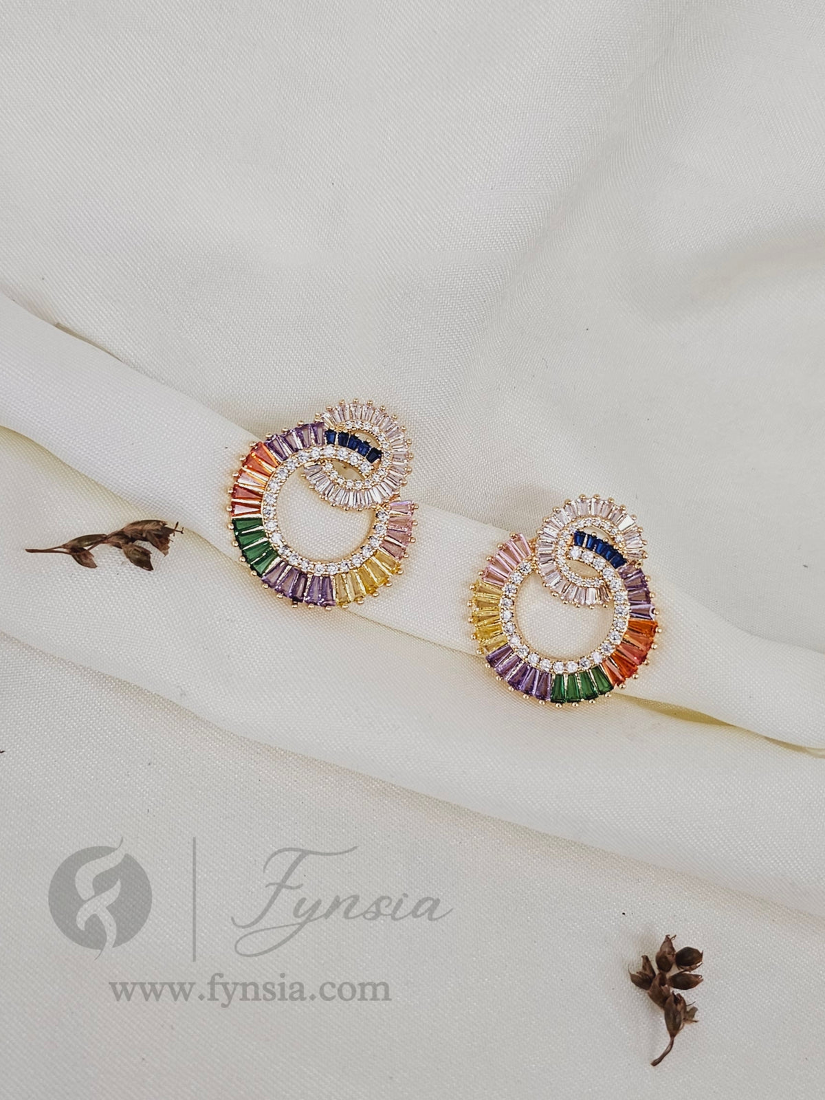 Sejal Zirconia Multi Diamond Golden Tone Pendant Chain Set With Earrings | Fynsia