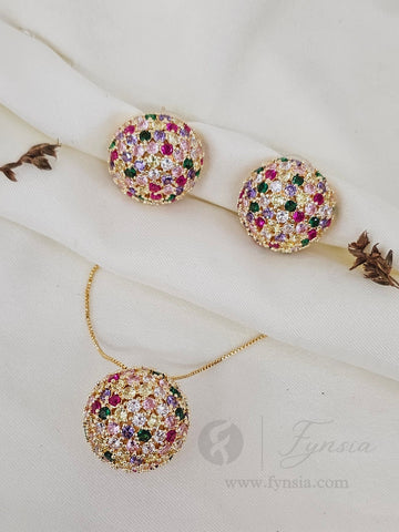 Bilkis Zirconia Multi Diamond Golden Tone Pendant Chain Set With Earrings | Fynsia
