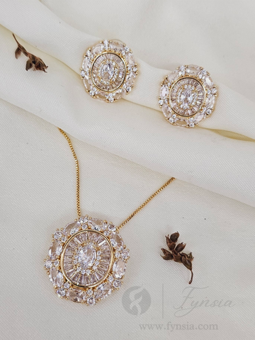 Tehsin Zirconia Diamond Golden Tone Pendant Chain Set With Earrings | Fynsia