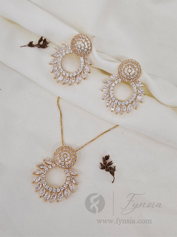 Zahira Zirconia Diamond Golden Tone Pendant Chain Set With Earrings | Fynsia