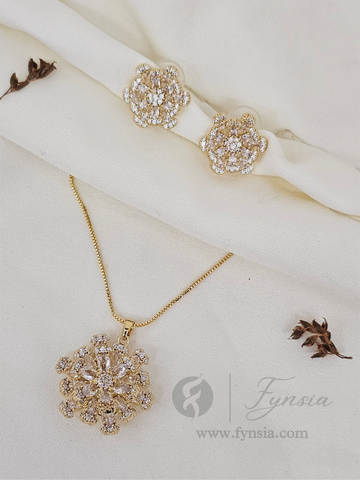 Mohini Zirconia Diamond Golden Tone Pendant Chain Set With Earrings | Fynsia
