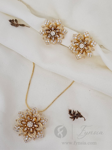 Minsha Zirconia Diamond Golden Tone Pendant Chain Set With Earrings | Fynsia
