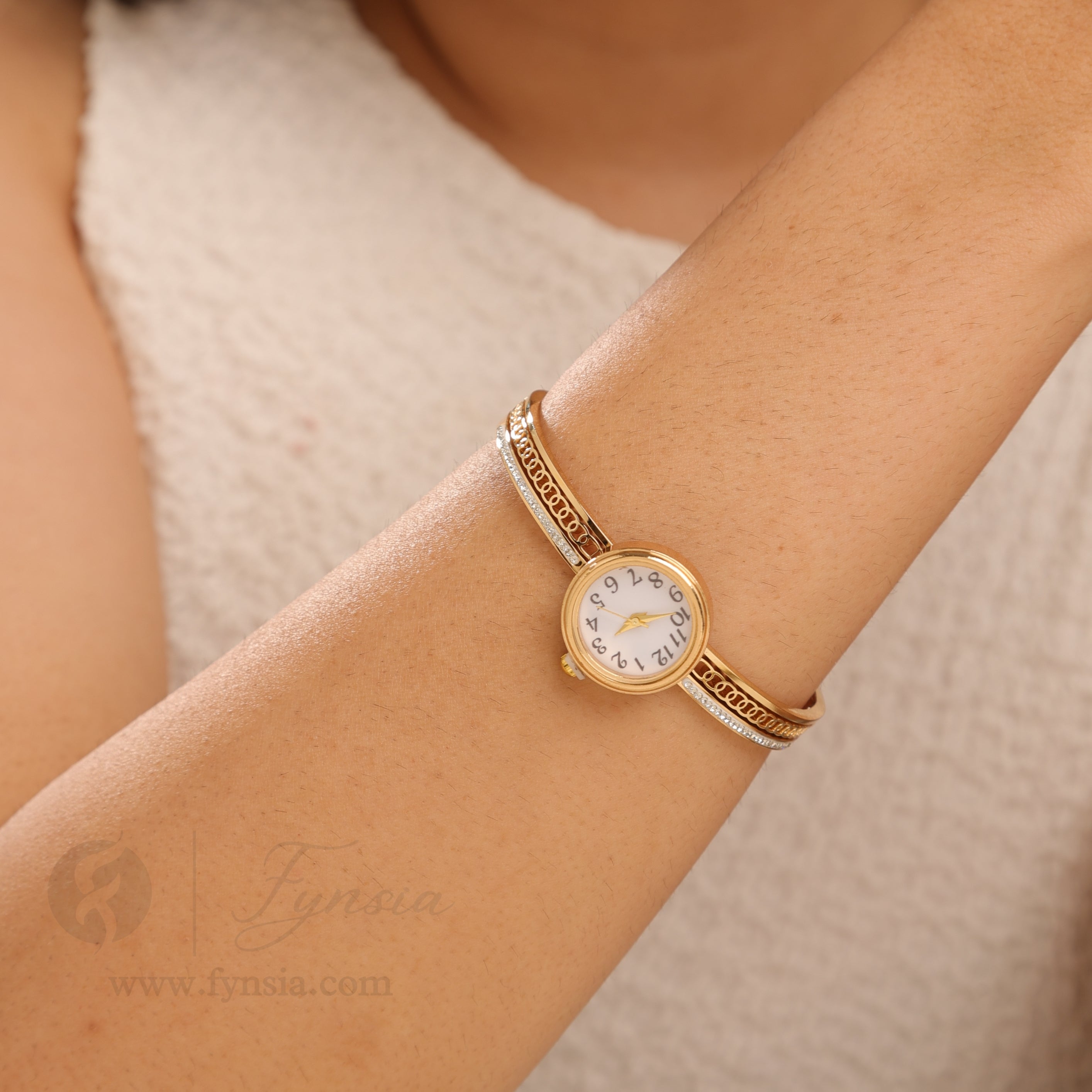 Elite Frame Golden Watch Kada – Premium Stainless Steel Bracelet Watch | Fynsia