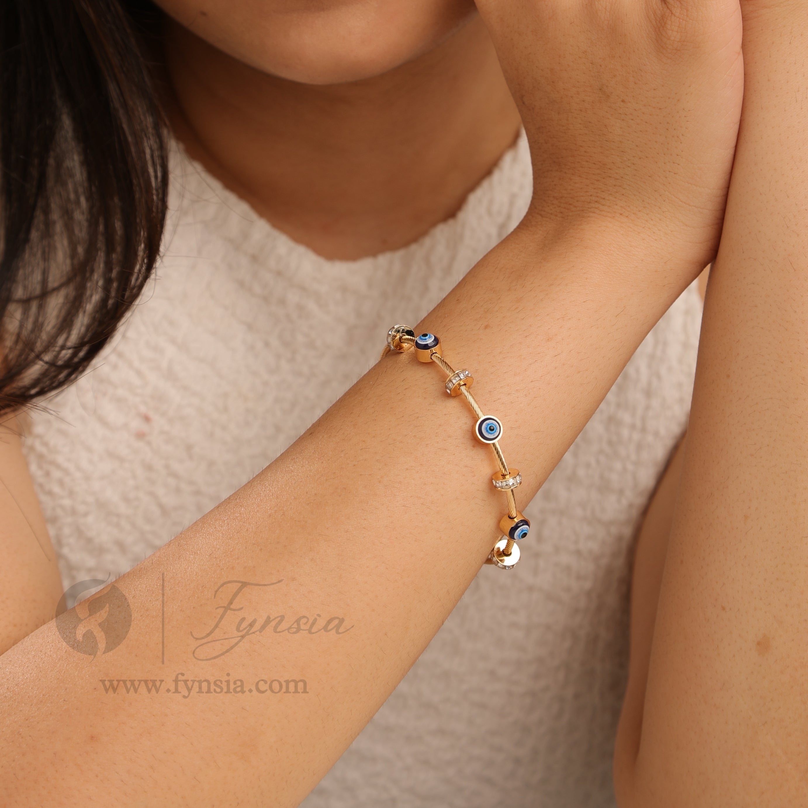 Evil-Eye Golden Anti Tarnish Kada – Stainless Steel Bracelet | Fynsia
