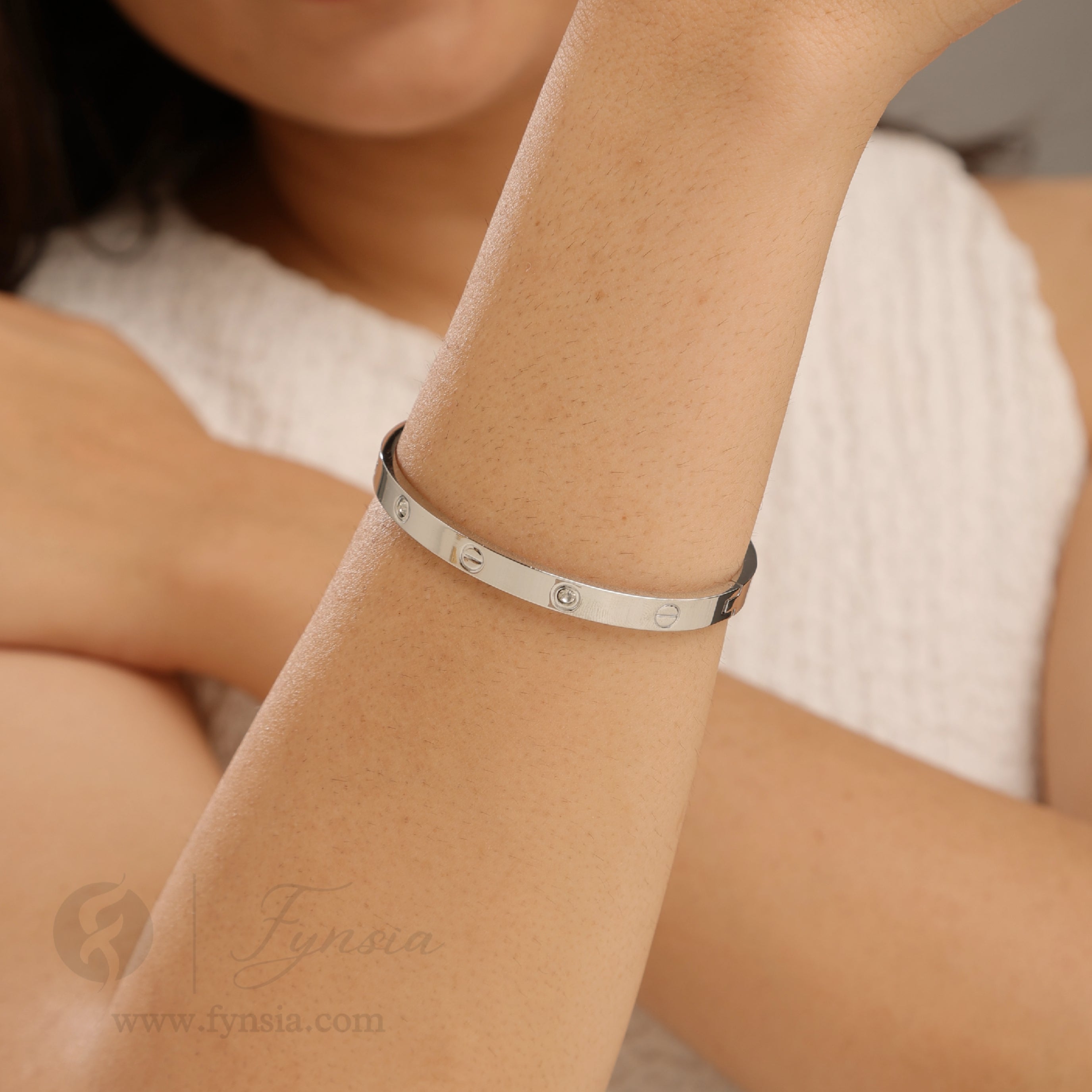 Silver Diamond Studded Anti Tarnish Kada – Stainless Steel Bracelet | Fynsia