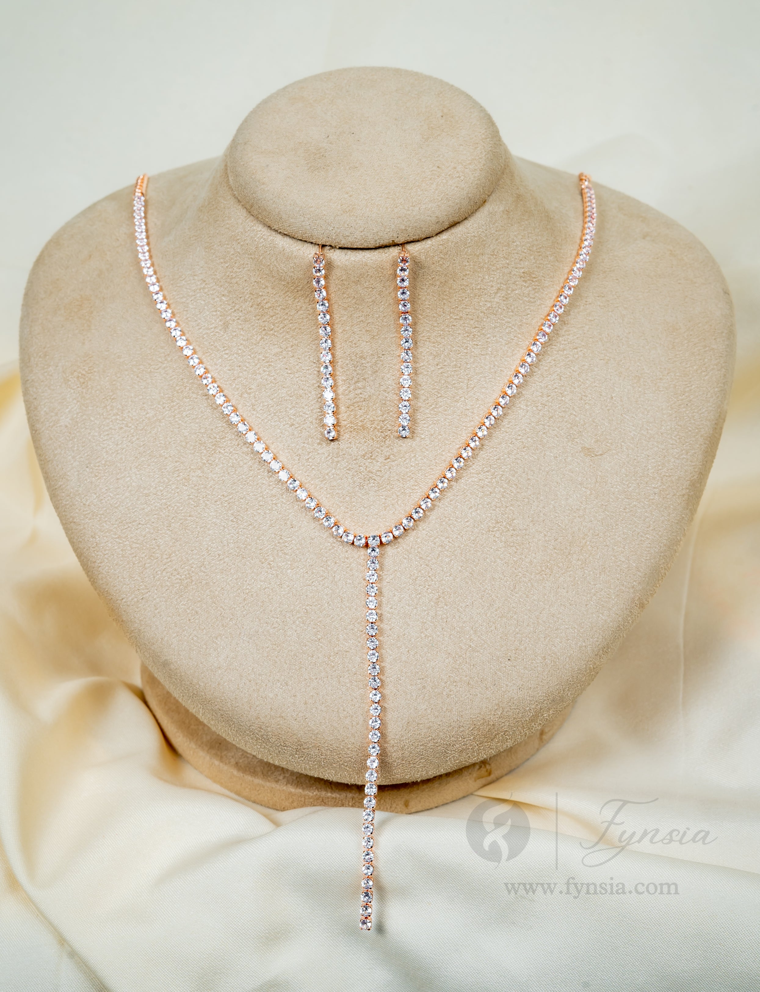 Premium Rosegold Solitaire Long Necklace With A Pair Of Earring | Fynsia