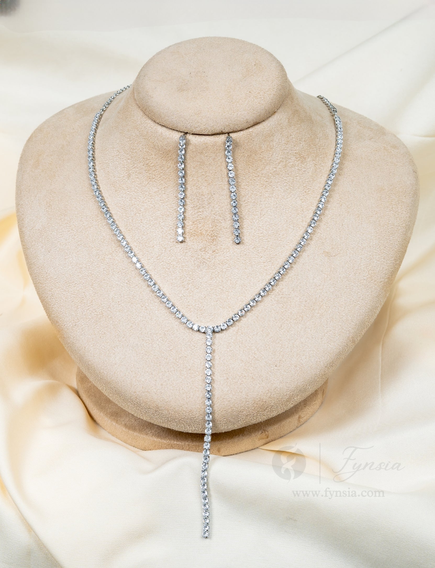 Premium Silver Solitaire Long Necklace With A Pair Of Earring | Fynsia
