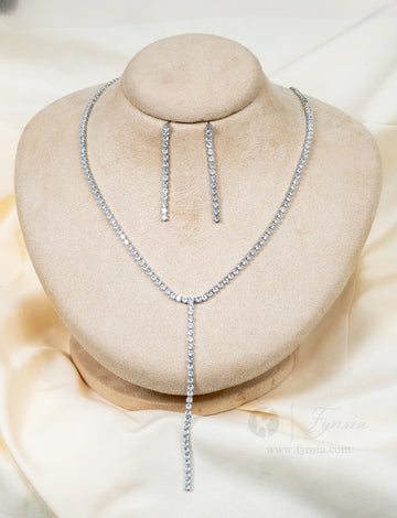 Premium Silver Solitaire Long Necklace With A Pair Of Earring | Fynsia