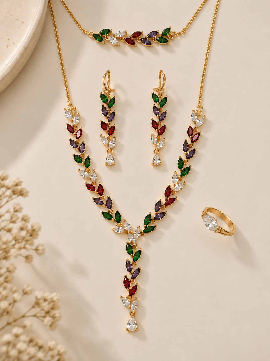 Aarohi Stainless Steel Combo | Necklace - Bracelet - Earing-  Ring | Anti Tarnish Jewelry | Fynsia