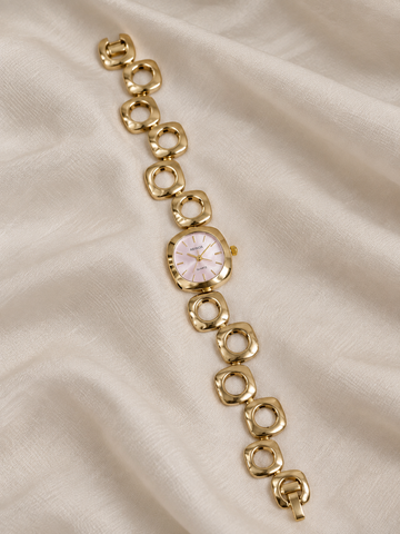 Fiona Golden Pink Square Dial Metal Belt Women's Watch | Fynsia