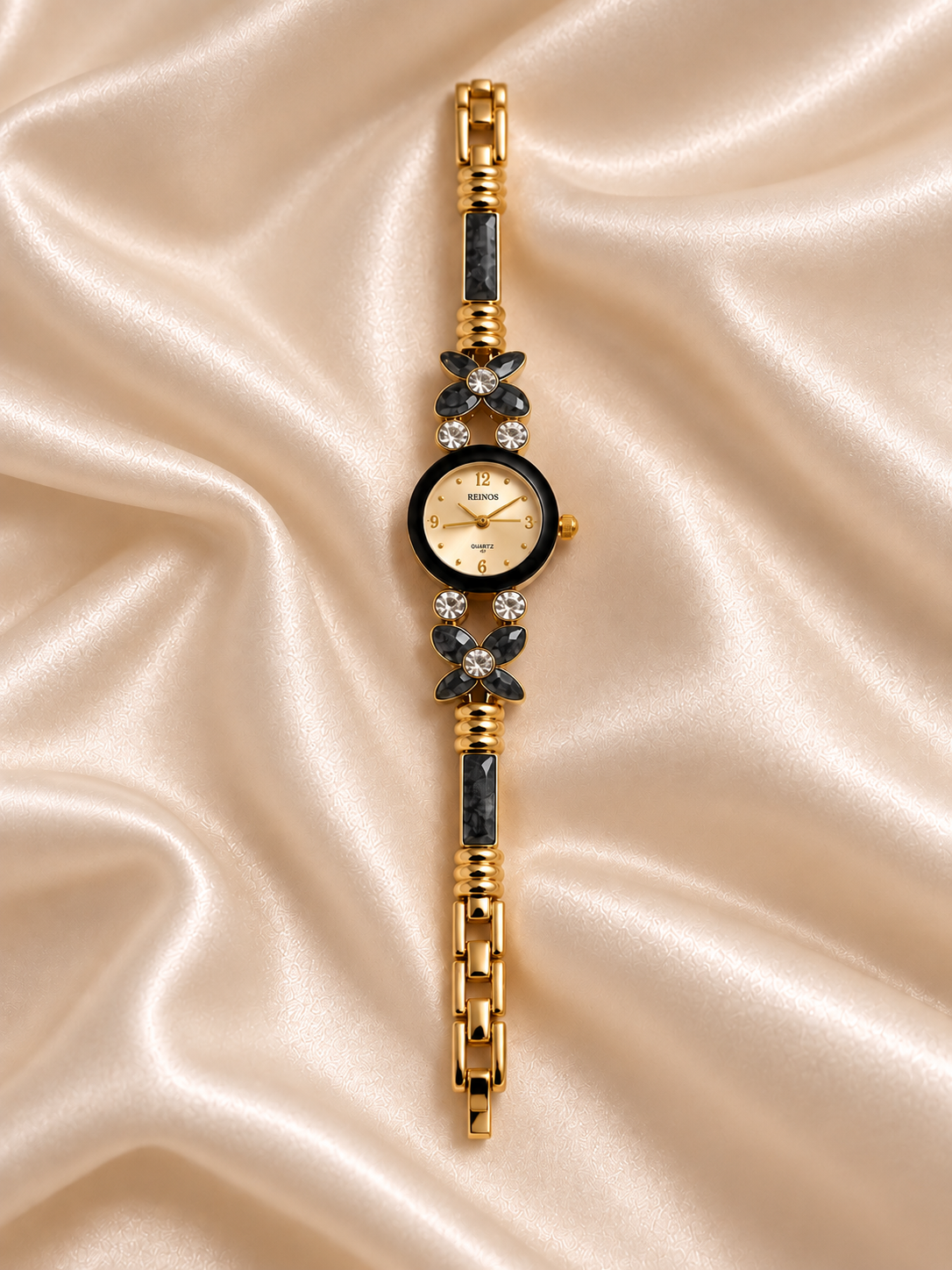 Vera Golden Black circle Dial Metal Belt Women's Watch | Fynsia