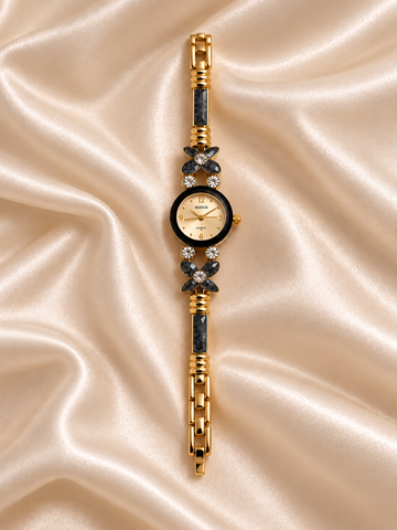Vera Golden Black circle Dial Metal Belt Women's Watch | Fynsia