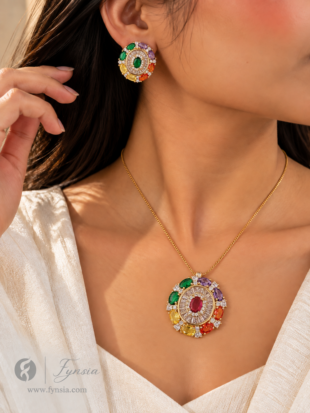 Anasha Zirconia Multi Diamond Golden Tone Pendant Chain Set With Earrings | Fynsia