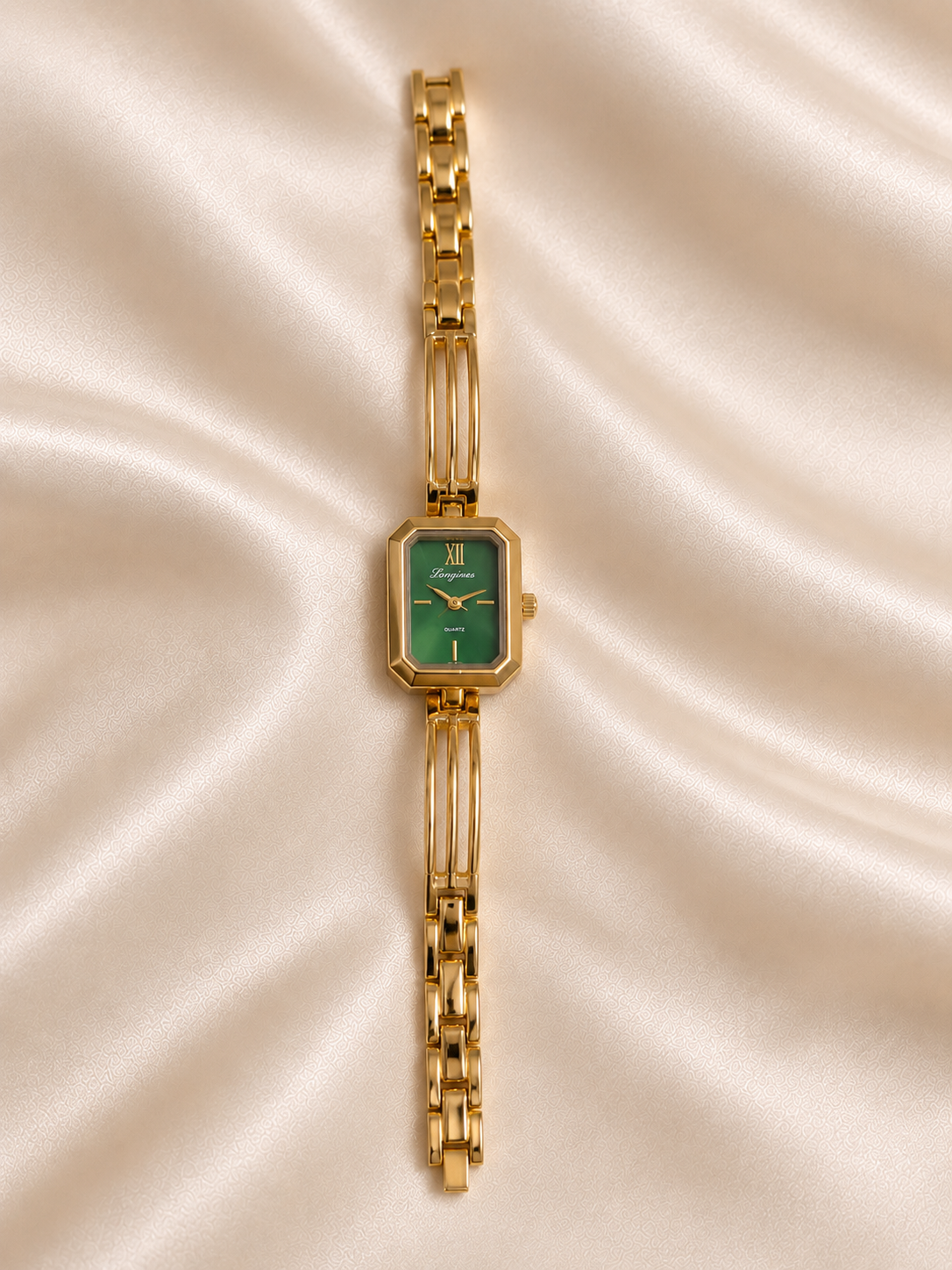 Meera Golden Green Sqaure Dial Metal Belt Women's Watch | Fynsia