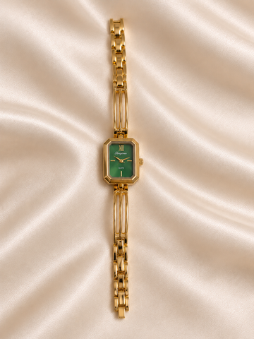 Meera Golden Green Sqaure Dial Metal Belt Women's Watch | Fynsia