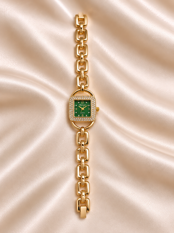 Priya Golden Green Square Dial Chain Belt Women's Watch | Fynsia