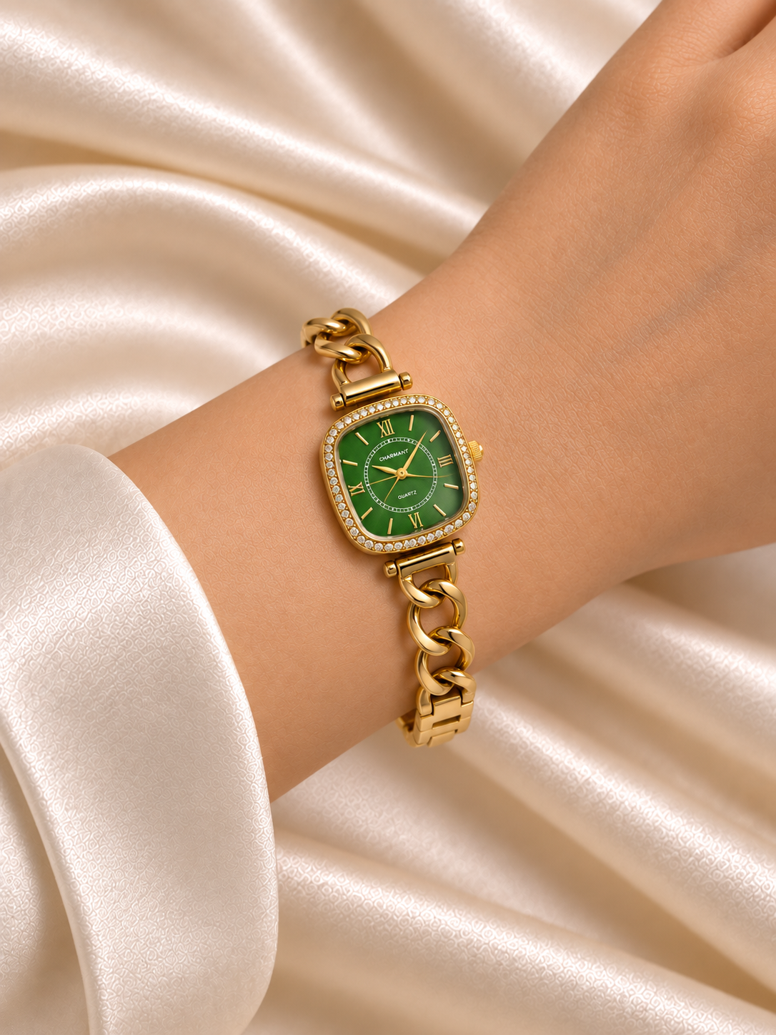 Mayra Golden Green Square Dial Chain Belt Women's Watch | Fynsia