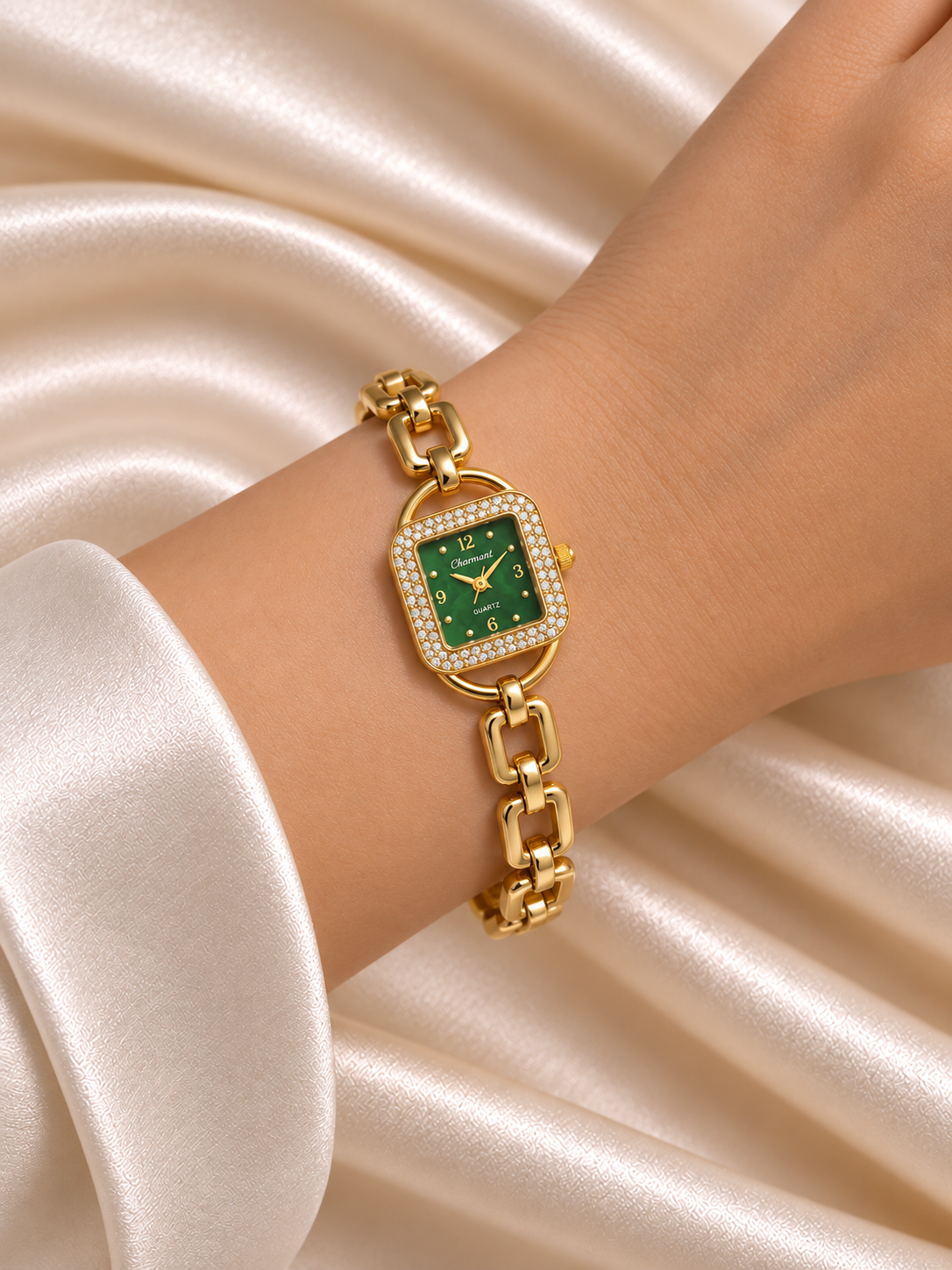 Priya Golden Green Square Dial Chain Belt Women's Watch | Fynsia