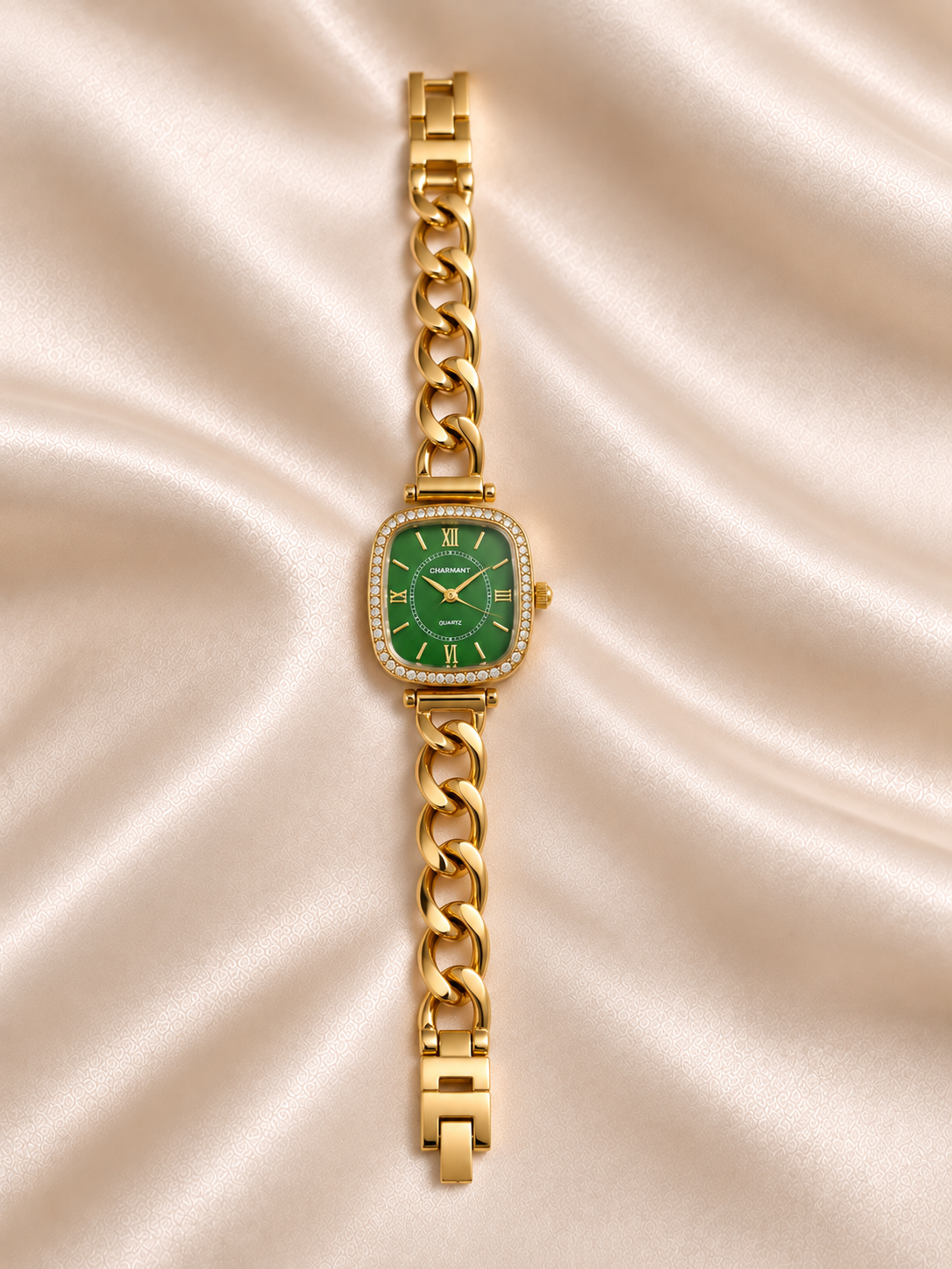 Mayra Golden Green Square Dial Chain Belt Women's Watch | Fynsia