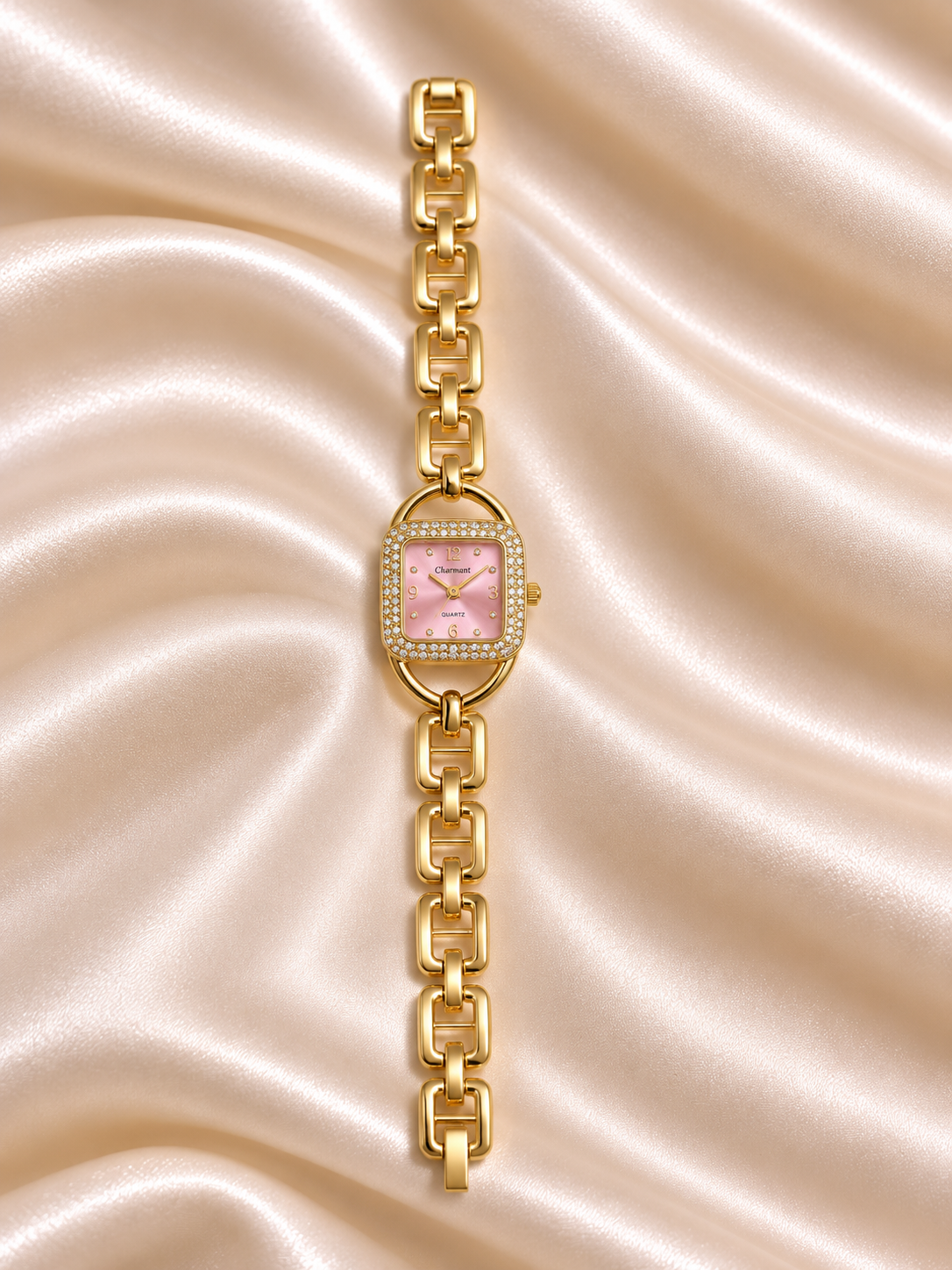 Sriya Golden Pink Square Dial Chain Belt Women's Watch | Fynsia