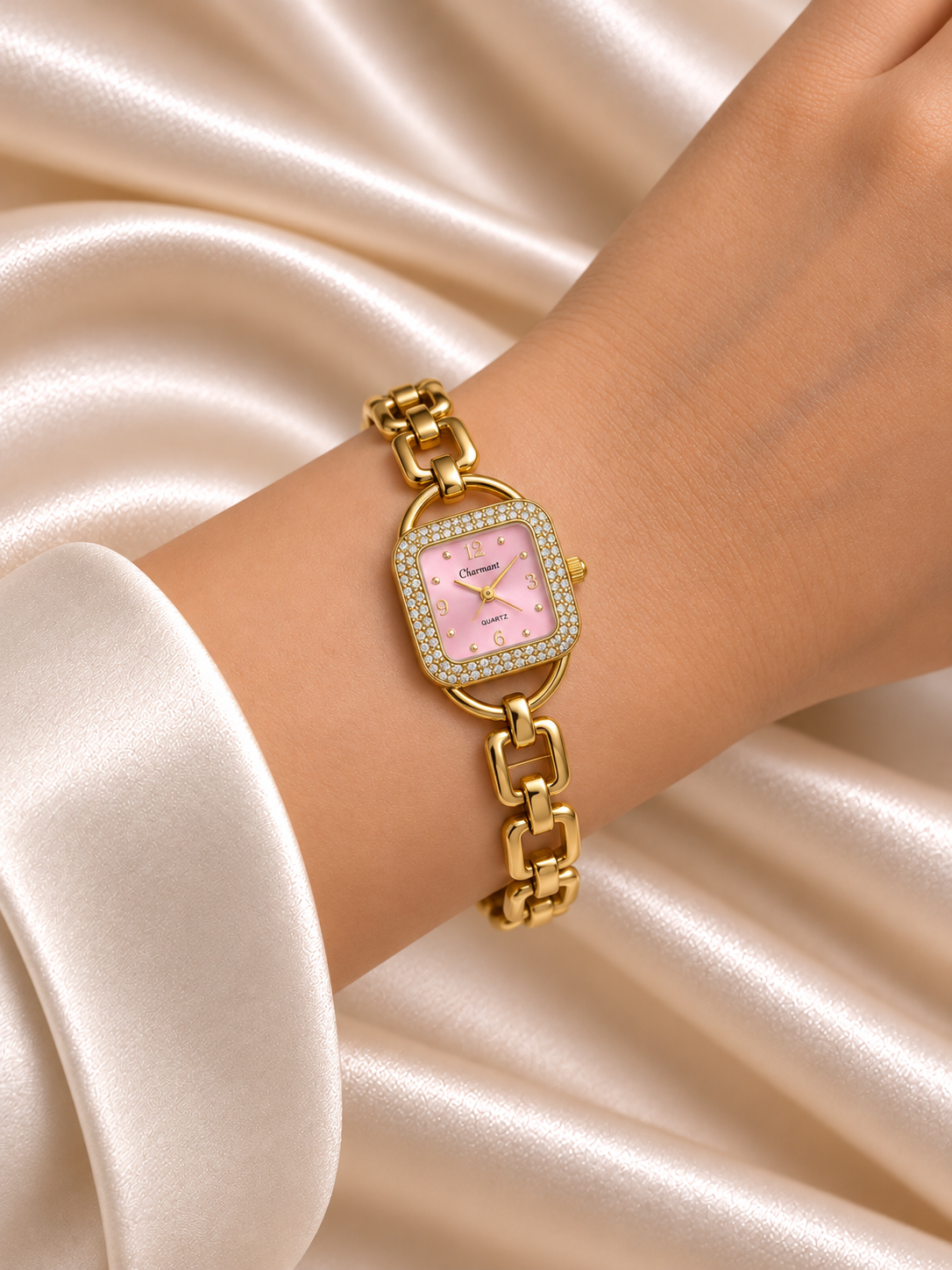 Sriya Golden Pink Square Dial Chain Belt Women's Watch | Fynsia
