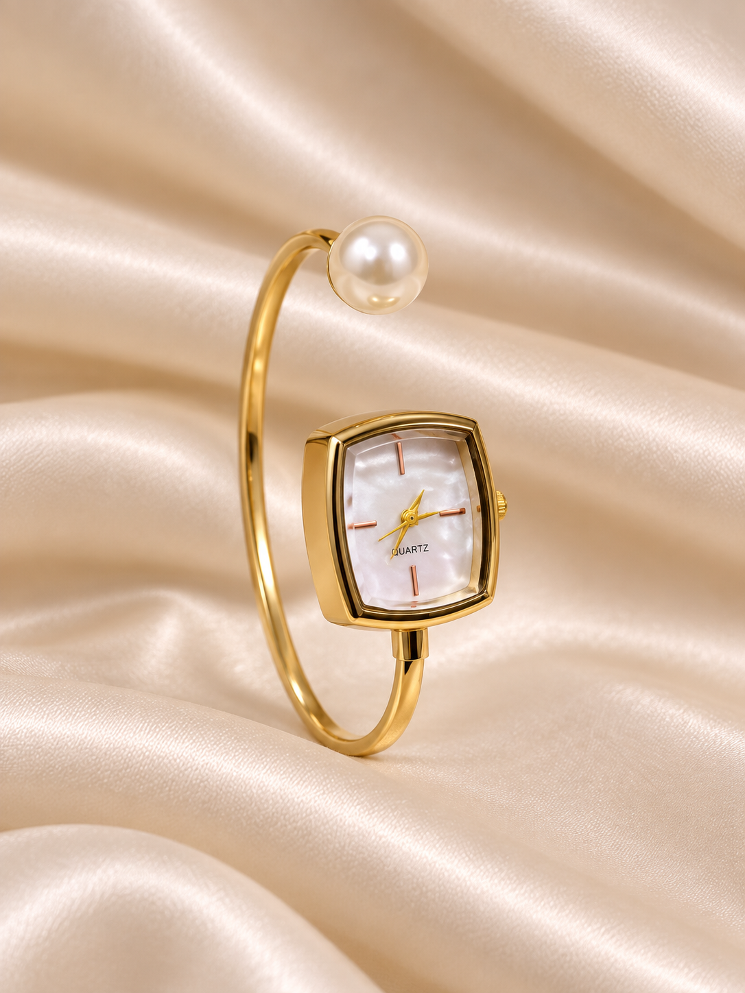 Namira Golden White Pearl Square Dial Kada Women's Watch | Fynsia