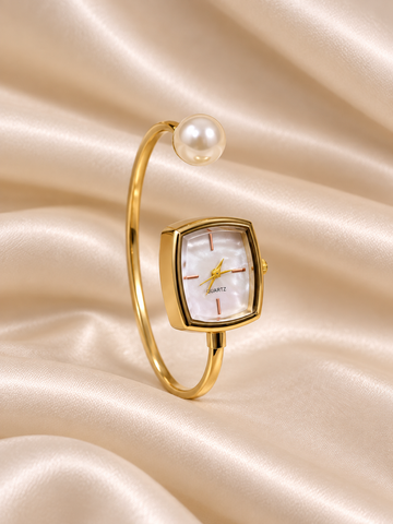 Namira Golden White Pearl Square Dial Kada Women's Watch | Fynsia
