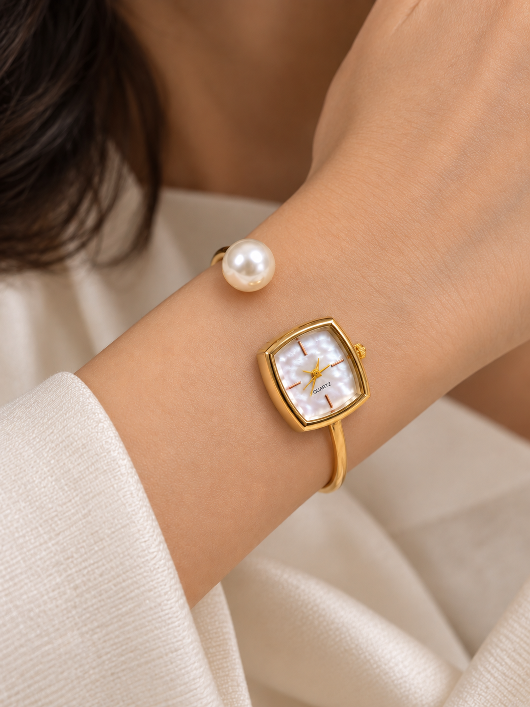 Namira Golden White Pearl Square Dial Kada Women's Watch | Fynsia