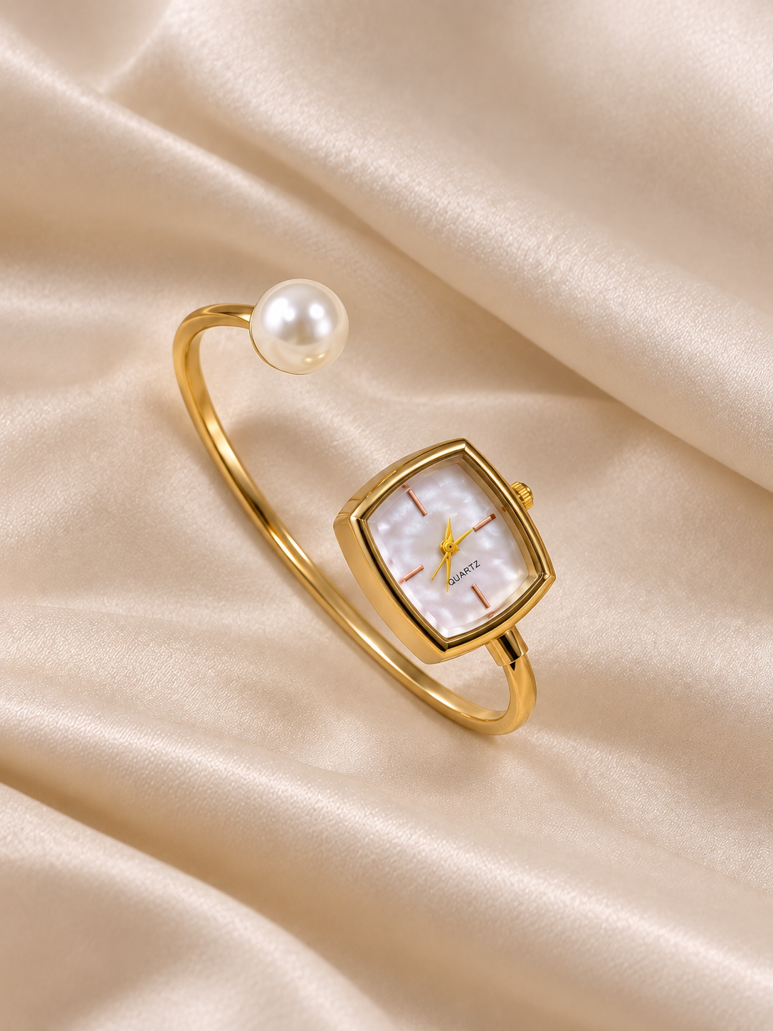 Namira Golden White Pearl Square Dial Kada Women's Watch | Fynsia