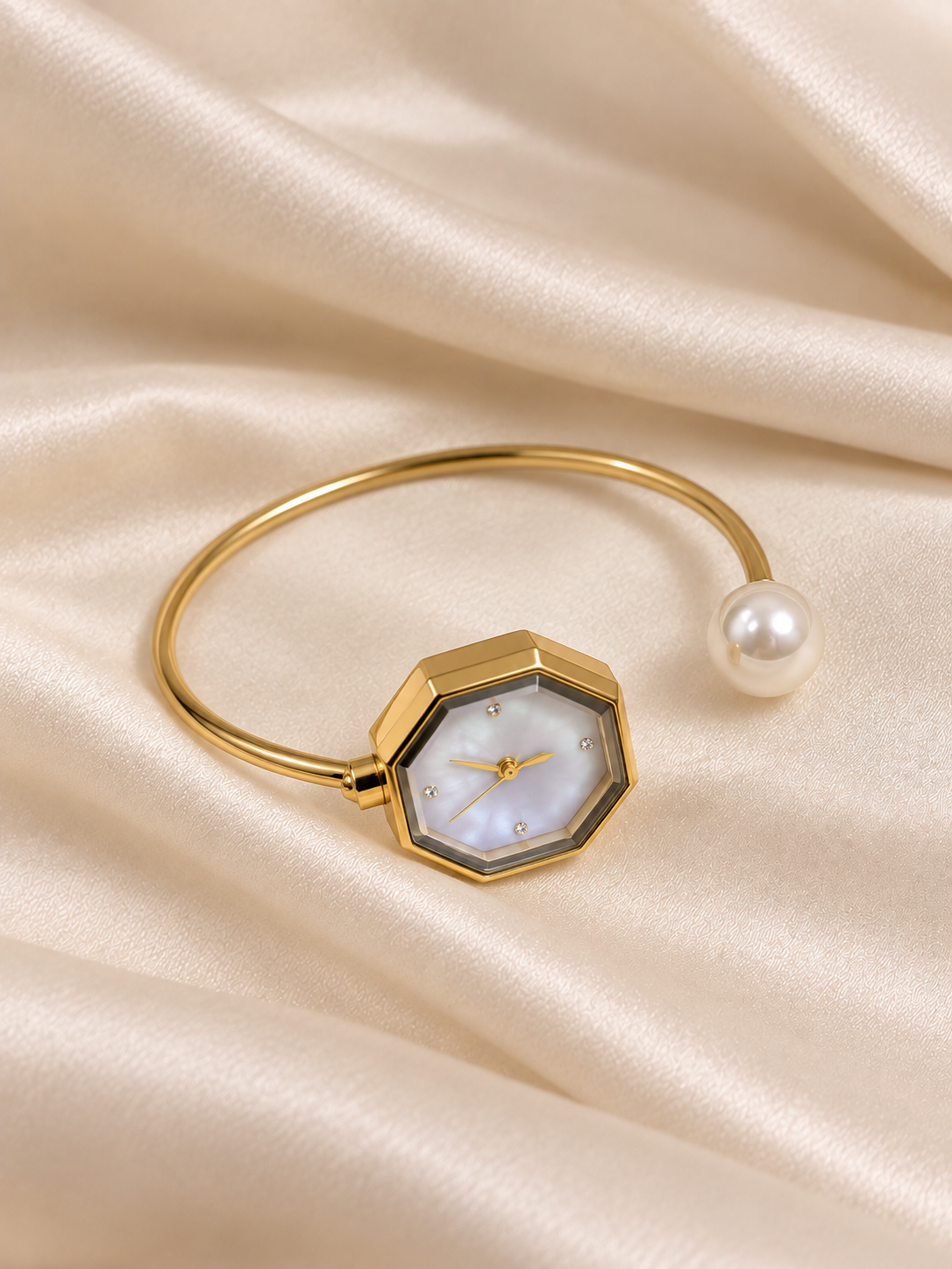 Samaira Golden White Pearl Square Dial Kada Women's Watch | Fynsia