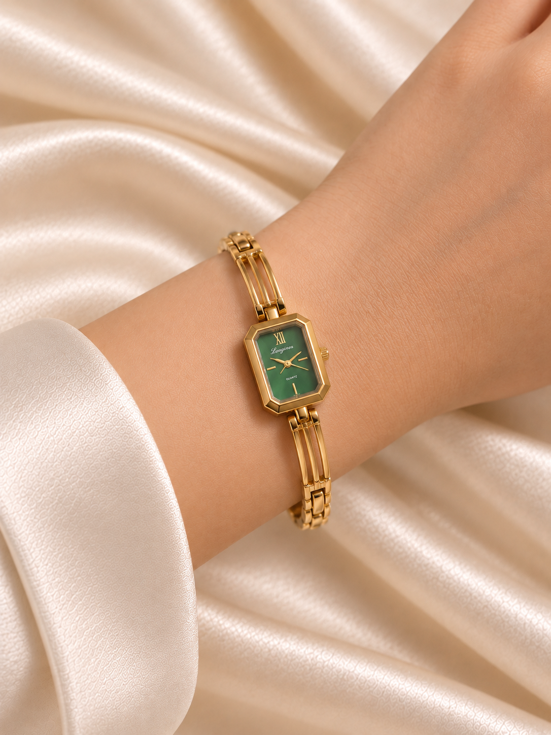 Meera Golden Green Sqaure Dial Metal Belt Women's Watch | Fynsia