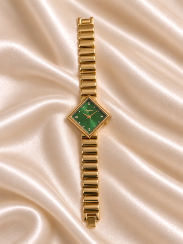 Shifa Golden Green Sqaure Dial Metal Belt Women's Watch | Fynsia