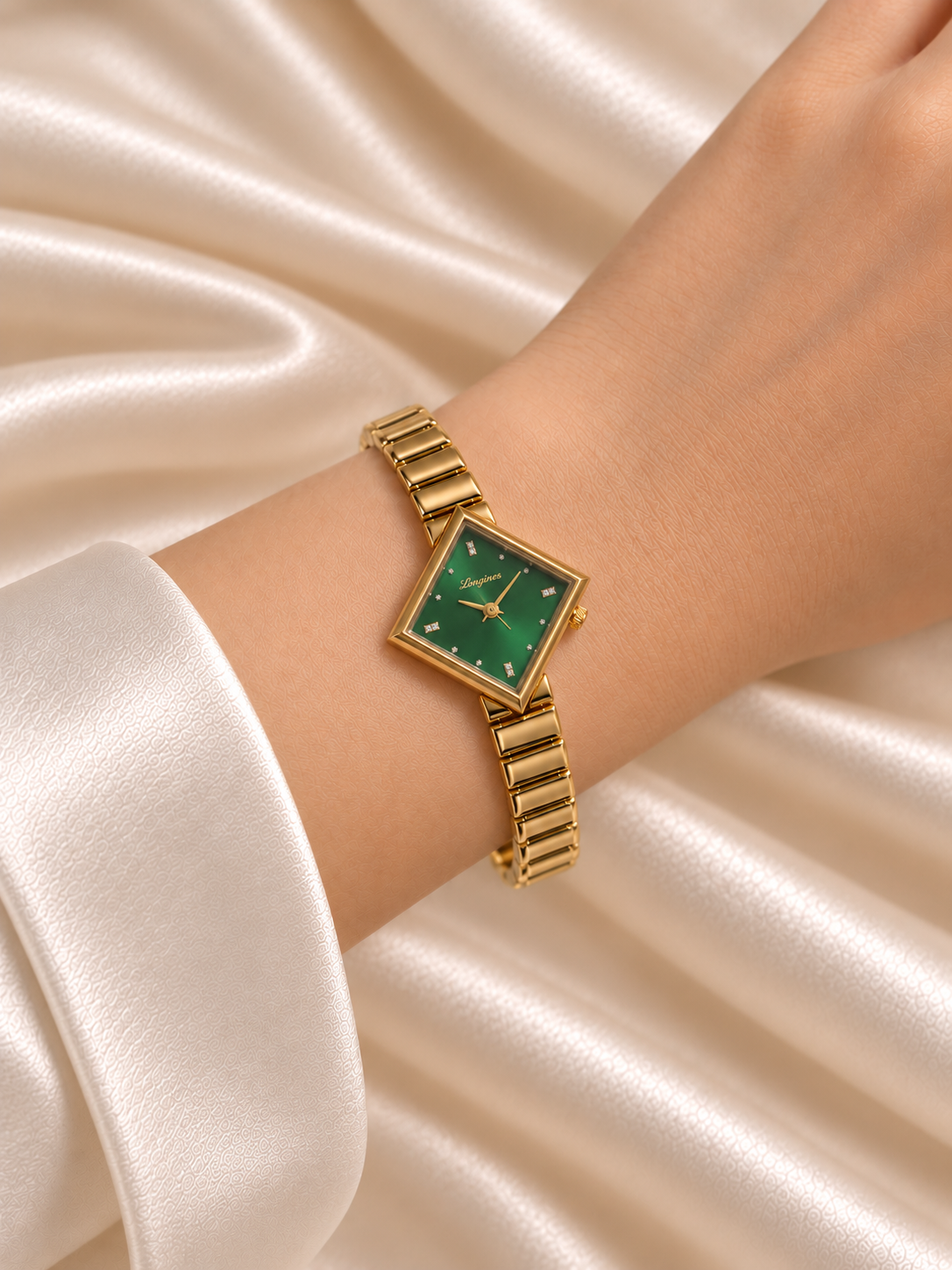 Shifa Golden Green Sqaure Dial Metal Belt Women's Watch | Fynsia