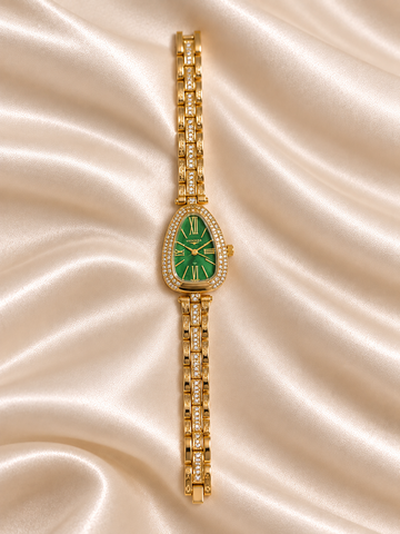 Vaani Golden Green Oval Dial Metal Belt Women's Watch | Fynsia