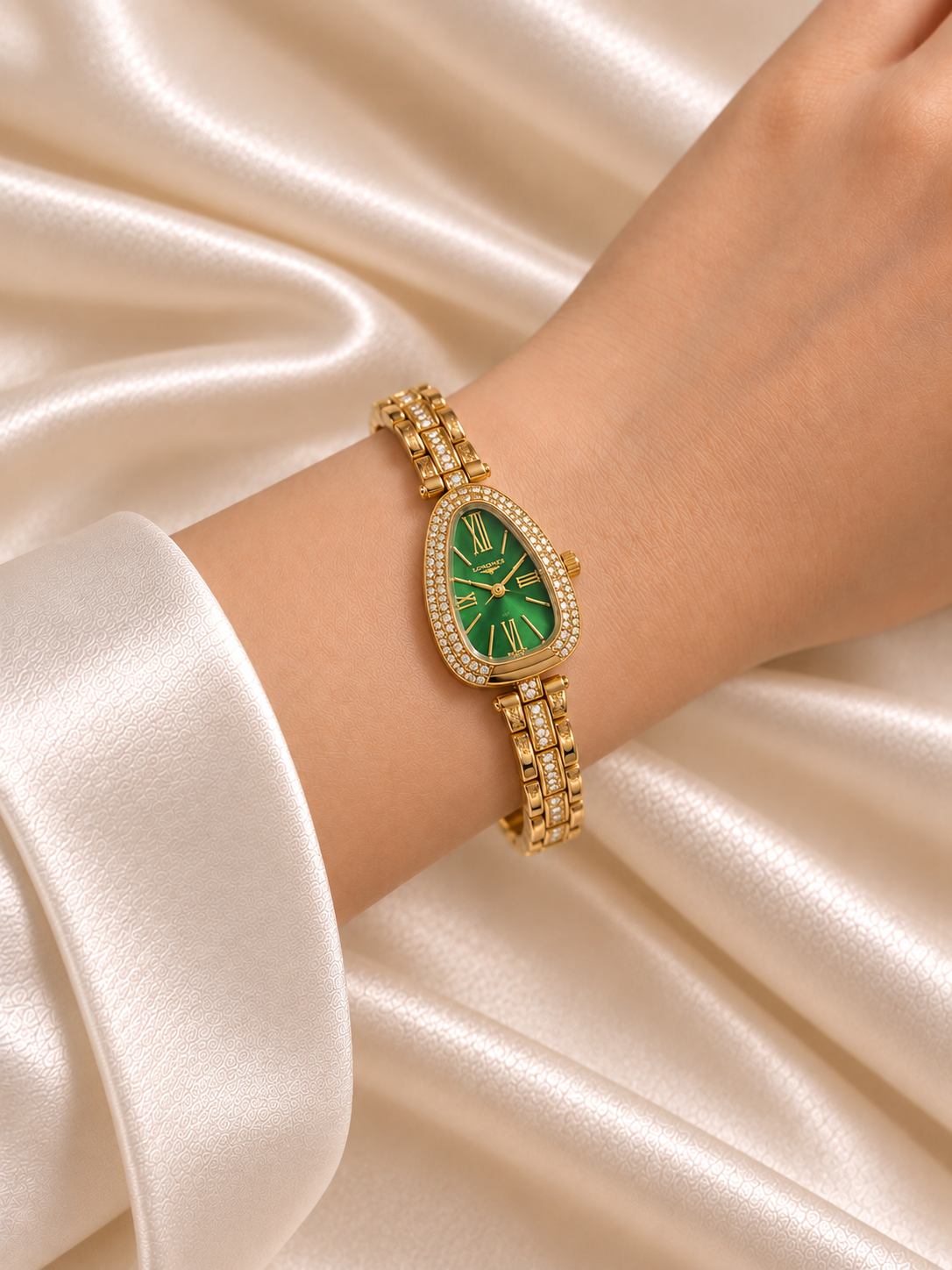 Vaani Golden Green Oval Dial Metal Belt Women's Watch | Fynsia