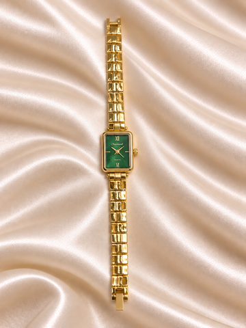 Nisa Golden Green Sqaure Dial Metal Belt Women's Watch | Fynsia
