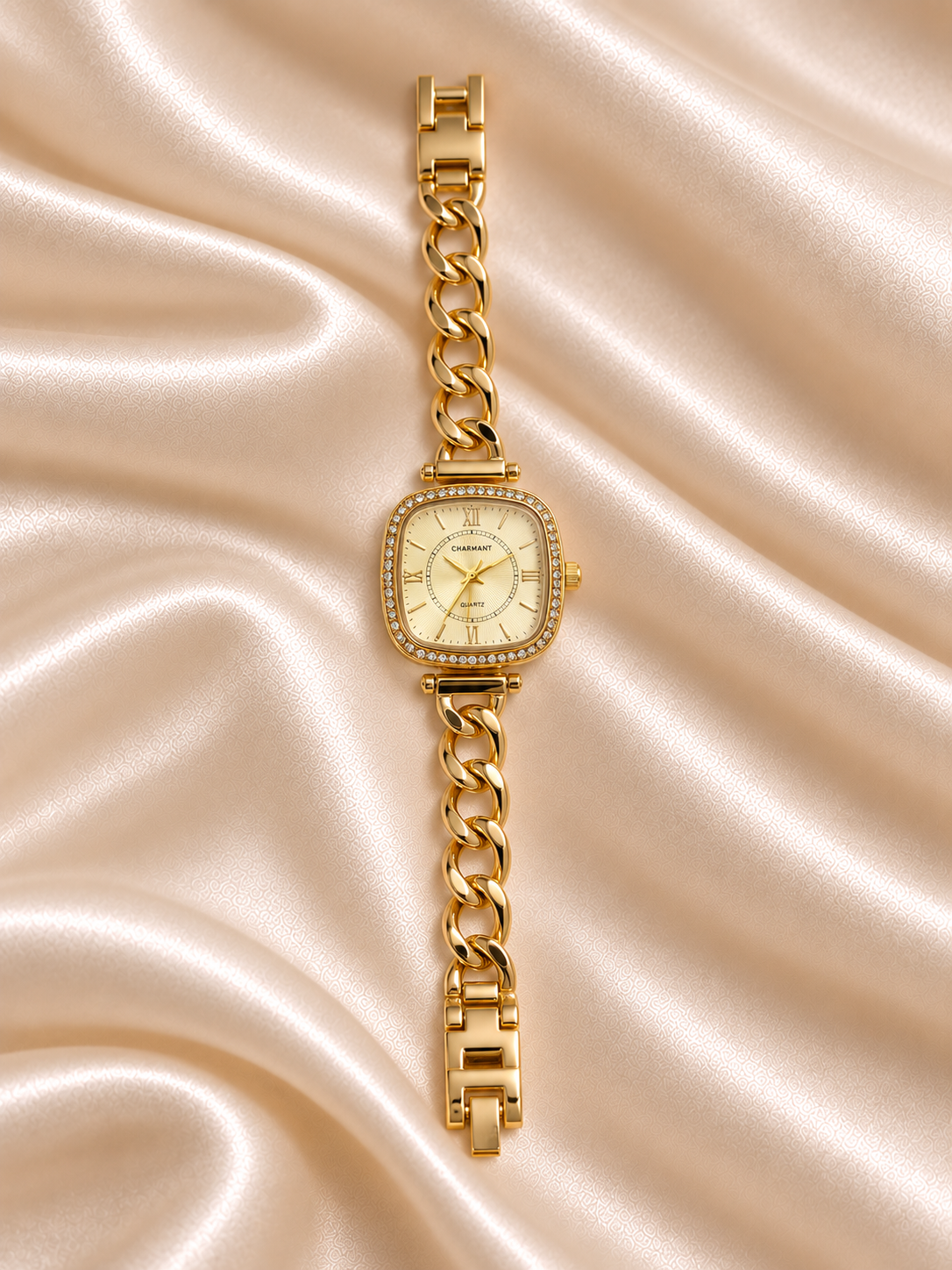 Naira Golden Yellow Square Dial Chain Belt Women's Watch | Fynsia