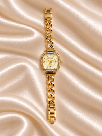 Naira Golden Yellow Square Dial Chain Belt Women's Watch | Fynsia