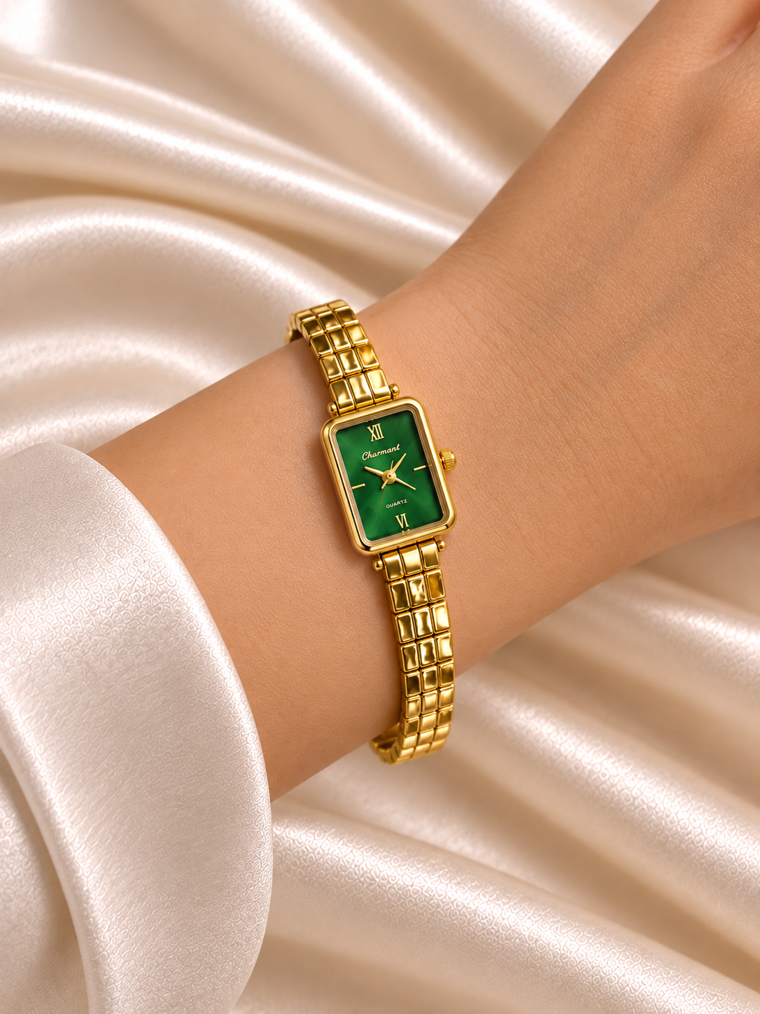 Nisa Golden Green Sqaure Dial Metal Belt Women's Watch | Fynsia