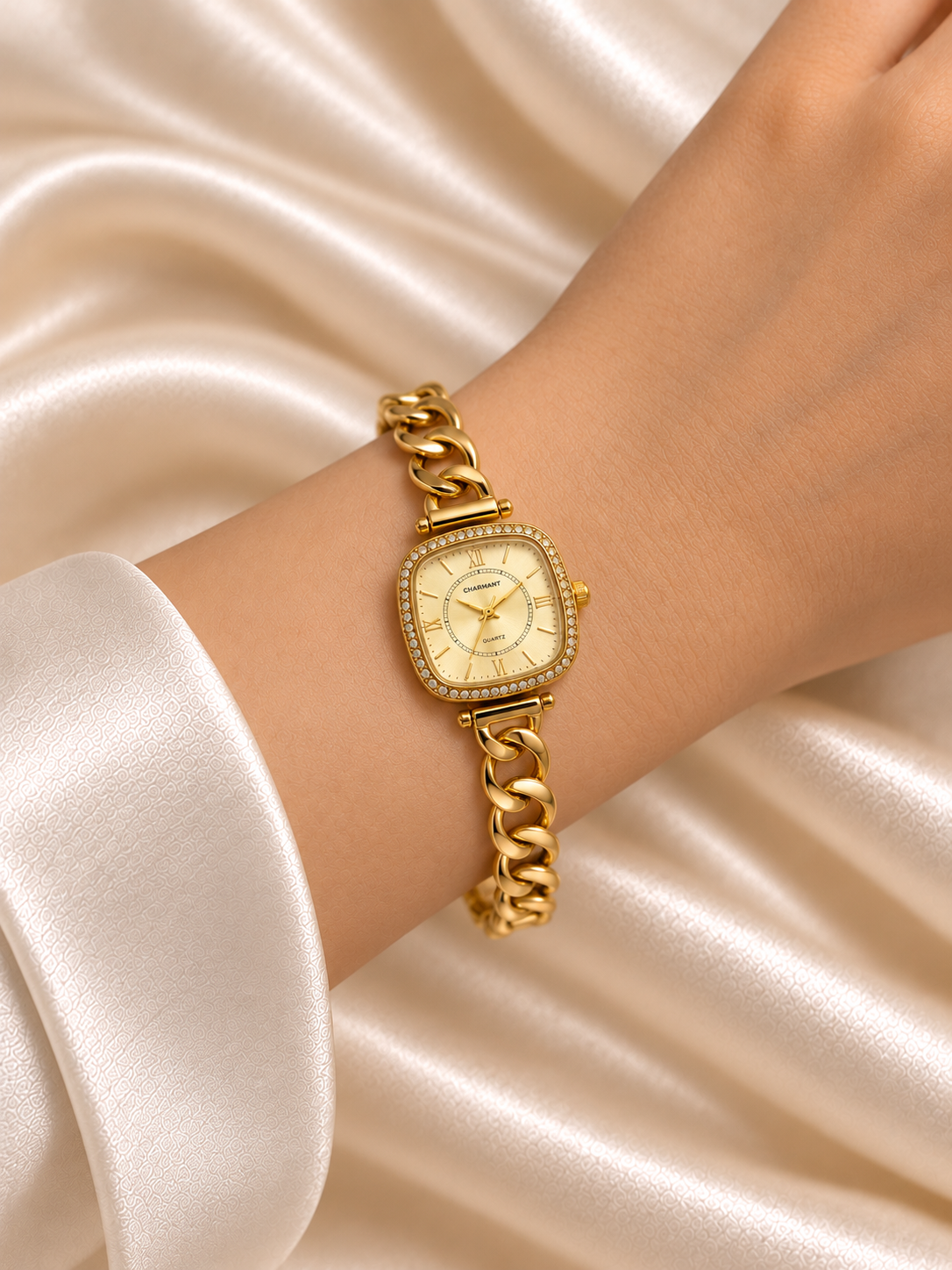 Naira Golden Yellow Square Dial Chain Belt Women's Watch | Fynsia