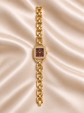 Kiara Golden Red Square Dial Chain Belt Women's Watch | Fynsia