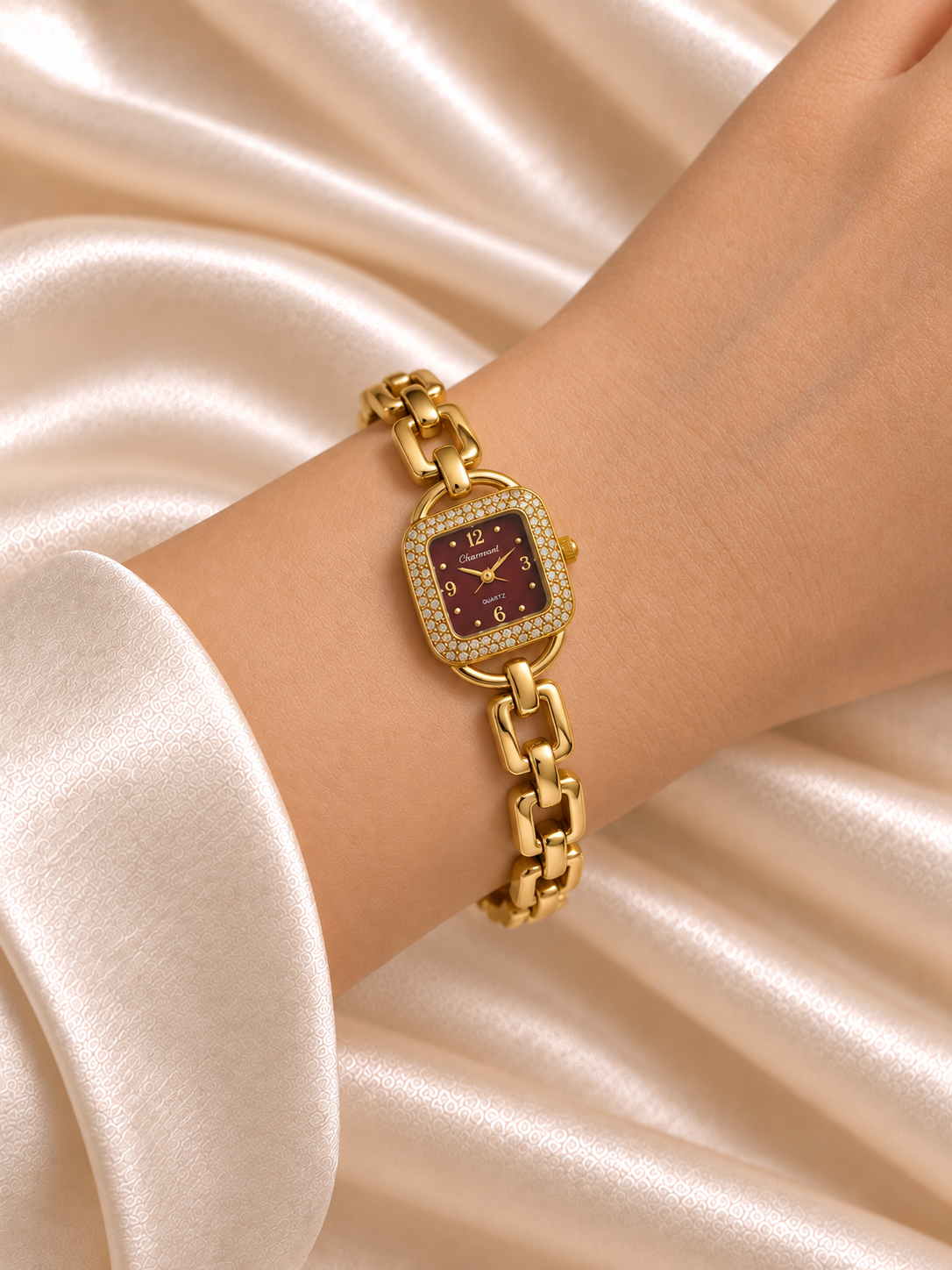 Kiara Golden Red Square Dial Chain Belt Women's Watch | Fynsia